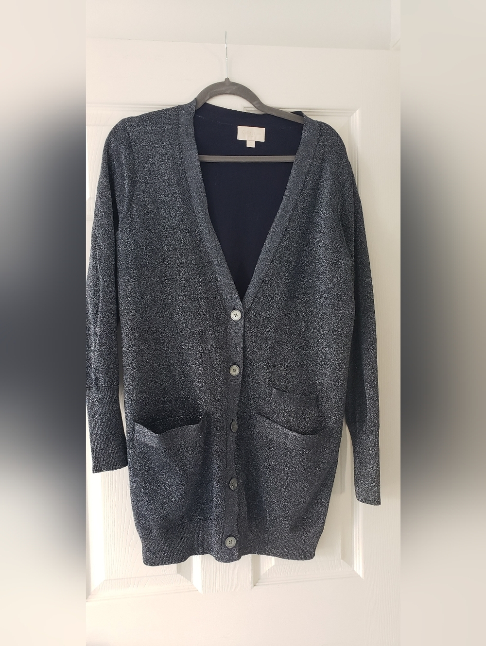 J. Crew Collection Double Knit Lurex Sparkle Navy Button Cardigan Small J8223